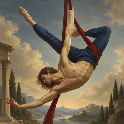 a painting of a man hanging upside down on a rope