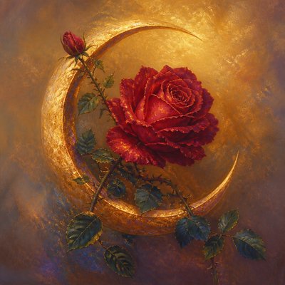 a rose entwined with a crescent moon, clean balanced composition on a plain background, no text