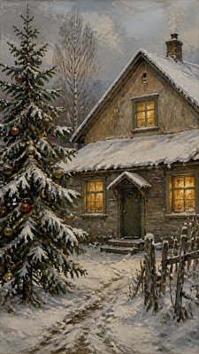 a snow-covered cottage with warm glowing windows beside a decorated pine tree, gentle snowfall, no text