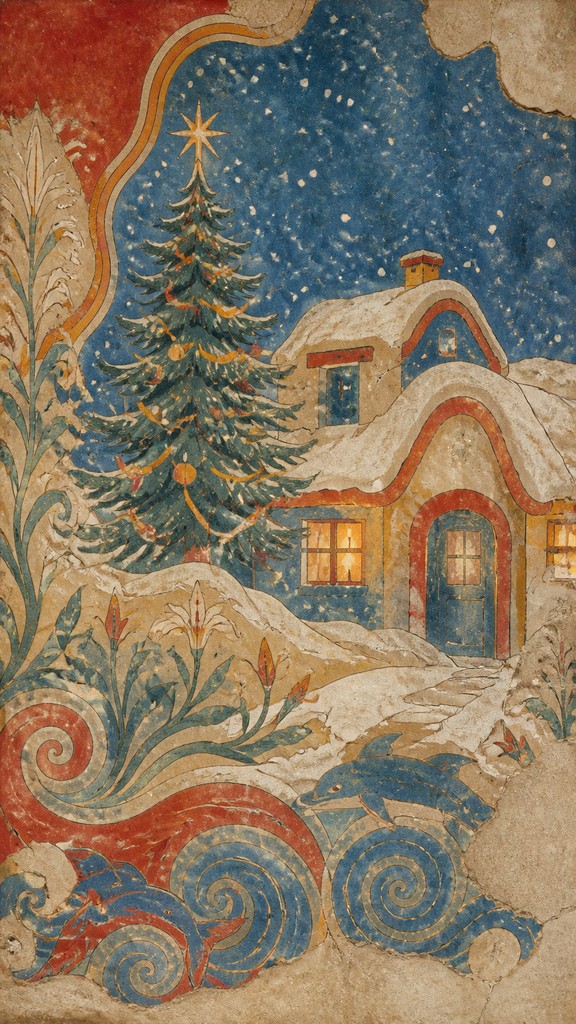 a snow-covered cottage with warm glowing windows beside a decorated pine tree, gentle snowfall, no text