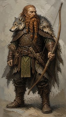 full-body original character: a dwarven ranger with a braided auburn beard, worn leather armor, a longbow and a wolf-pelt cloak, neutral background, no text