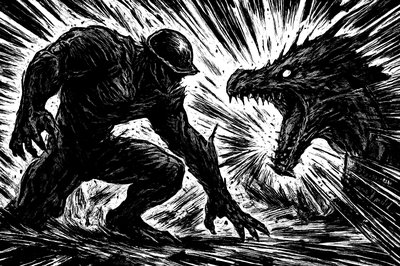 a black and white drawing of a monster attacking a man