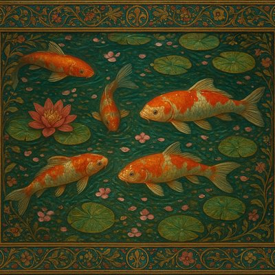 A koi pond seen from above, orange and white koi fish swimming among lily pads, clear water with subtle ripples, fallen cherry blossom petals floating on the surface, dappled sunlight