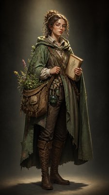 full-body original character: a wandering botanist with a satchel of plants, a patched green cloak, tall boots and round glasses, neutral background