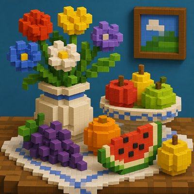 still life arrangement of fruits and flowers