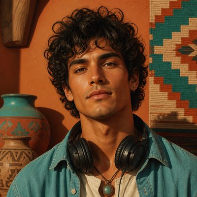 head-and-shoulders portrait of an original character: a young man with curly dark hair and headphones around his neck, plain backdrop, no text