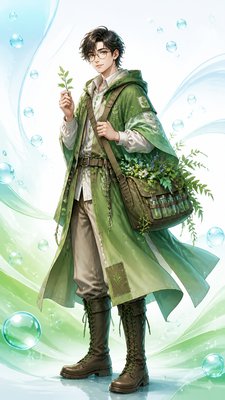 full-body original character: a wandering botanist with a satchel of plants, a patched green cloak, tall boots and round glasses, neutral background