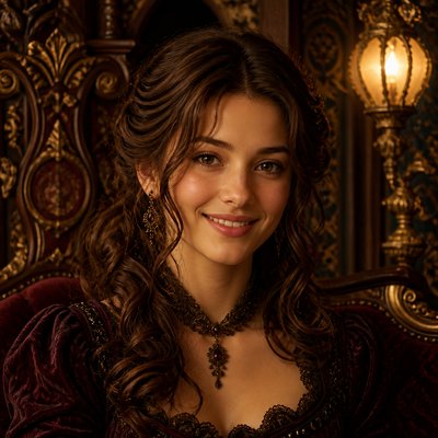 head-and-shoulders portrait of an original character: a young woman with wavy chestnut hair and a warm smile, plain soft backdrop