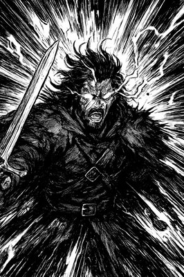 a black and white drawing of a demon holding a sword