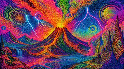 an erupting volcano with lightning strikes, dramatic wide composition, no text