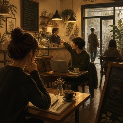 cozy cafe interior with warm lighting
