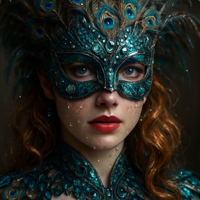 A lady with strawberry blonde hair with a peacock style masquerade costume 