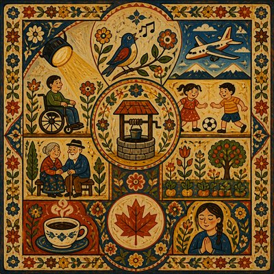 representation of a disabled person, children, elderly, gardens and grounds, a well, a coffee cup, a bird singing, a stage light, an airplane, a soccer ball, prayer, maple leaf