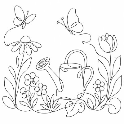 a garden scene with butterflies, flowers and a watering can, clean uncolored line art, no text