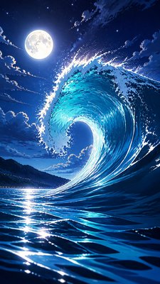 an ocean wave curling under moonlight, no people