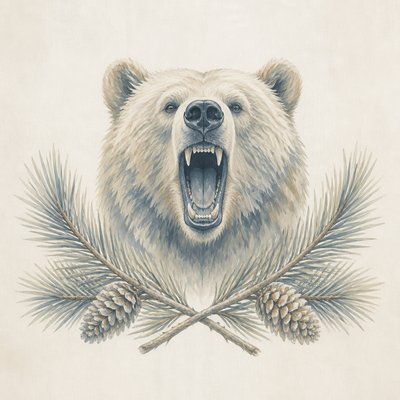 a roaring bear head above crossed pine branches, bold graphic composition on a plain background, no text