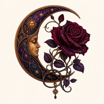 a rose entwined with a crescent moon, clean balanced composition on a plain background, no text