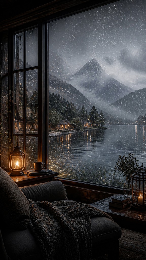 a tranquil mountain lake beneath a starry night sky, no people, no text