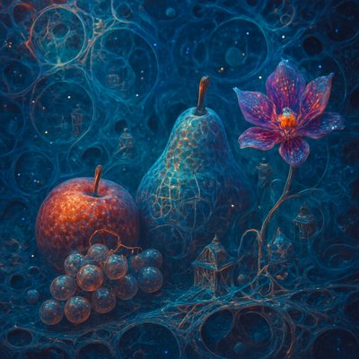still life arrangement of fruits and flowers