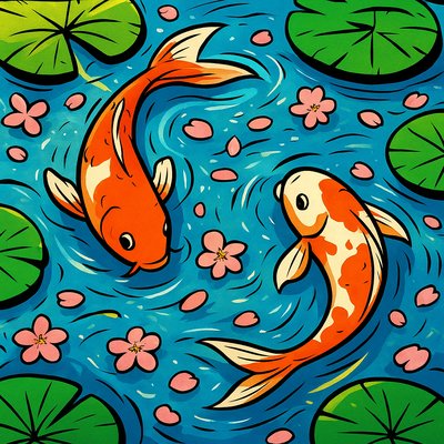 A koi pond seen from above, orange and white koi fish swimming among lily pads, clear water with subtle ripples, fallen cherry blossom petals floating on the surface, dappled sunlight