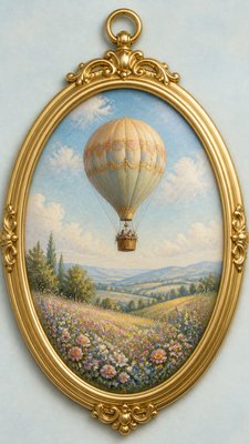a hot air balloon drifting over rolling flower fields on a sunny day, cheerful, no text