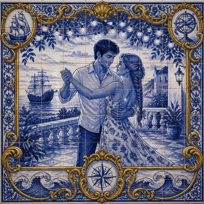 an original couple dancing under string lights in a garden at dusk: a man with short black hair in a linen shirt and a woman with braided red hair in a summer dress