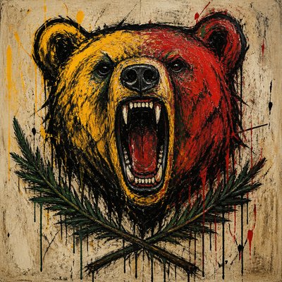 a roaring bear head above crossed pine branches, bold graphic composition on a plain background, no text