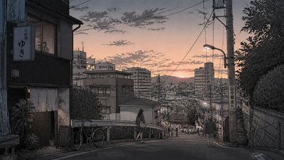 bustling city street panorama at dusk