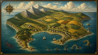 a map of an island realm with mountains, forests, a sheltered bay, sea monsters in the water and a compass rose, no text labels