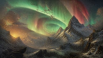 a flowing aurora over snowy peaks, wide sweeping composition, no people, no text