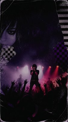 a live music scene with a glowing stage and silhouetted crowd, energetic vertical composition with open space at the top, no text