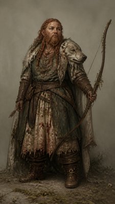 full-body original character: a dwarven ranger with a braided auburn beard, worn leather armor, a longbow and a wolf-pelt cloak, neutral background, no text