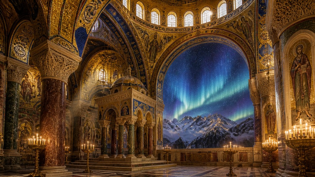a flowing aurora over snowy peaks, wide sweeping composition, no people, no text