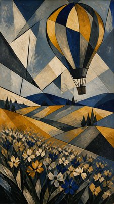 a hot air balloon drifting over rolling flower fields on a sunny day, cheerful, no text