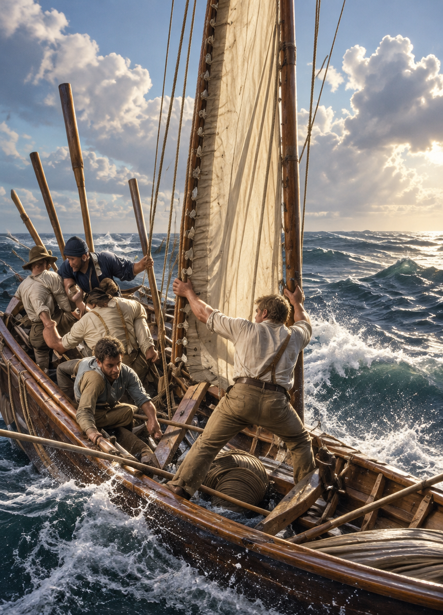 a group of men riding on the back of a boat