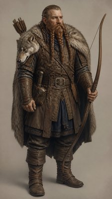 full-body original character: a dwarven ranger with a braided auburn beard, worn leather armor, a longbow and a wolf-pelt cloak, neutral background, no text