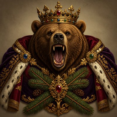 a roaring bear head above crossed pine branches, bold graphic composition on a plain background, no text