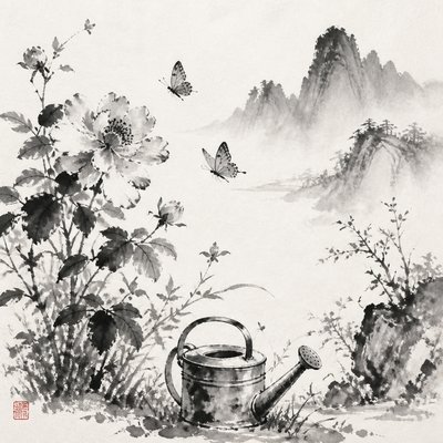 a garden scene with butterflies, flowers and a watering can, clean uncolored line art, no text