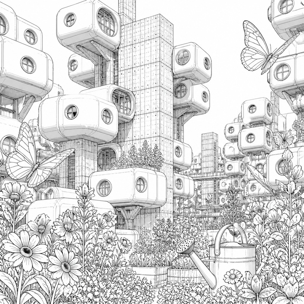 a garden scene with butterflies, flowers and a watering can, clean uncolored line art, no text