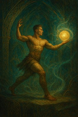 a painting of a man holding a ball