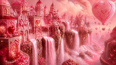 a cliffside city with waterfalls cascading into a misty canyon, wide establishing shot, no people, no text