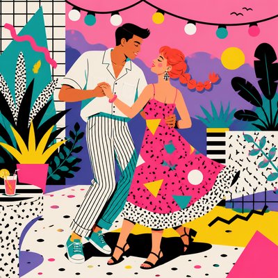 an original couple dancing under string lights in a garden at dusk: a man with short black hair in a linen shirt and a woman with braided red hair in a summer dress