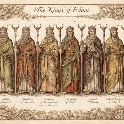 Create an image depicting the eight ancient kings of Edom, each in their royal attire, with crowns and scepters with bull horns on long staffs. The whole scene has a distinctly ancient appearance, influenced by the artistic style of the pre-Renaissance European period. The art emulates a sense of deep devotion and respect towards Christianity and Early Hellenistic Judaism.
