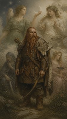 full-body original character: a dwarven ranger with a braided auburn beard, worn leather armor, a longbow and a wolf-pelt cloak, neutral background, no text