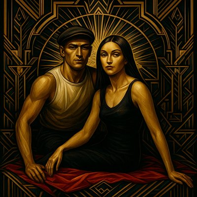 a painting of a man and a woman sitting together
