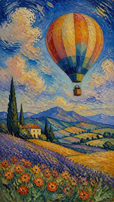 a hot air balloon drifting over rolling flower fields on a sunny day, cheerful, no text