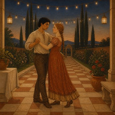 an original couple dancing under string lights in a garden at dusk: a man with short black hair in a linen shirt and a woman with braided red hair in a summer dress