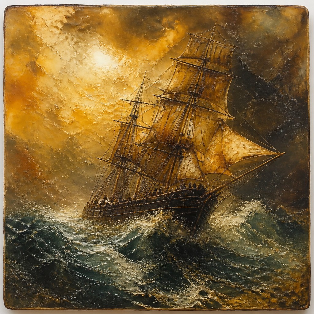sailing ship on a stormy sea — Encaustic Wax Painting Style