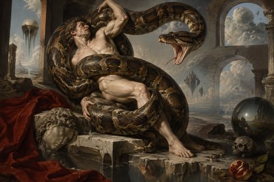 a huge python snake coils around an ancient ignudi athlete who struggles to free himself