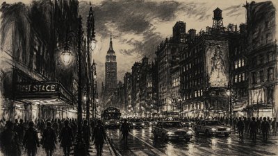 bustling city street panorama at dusk